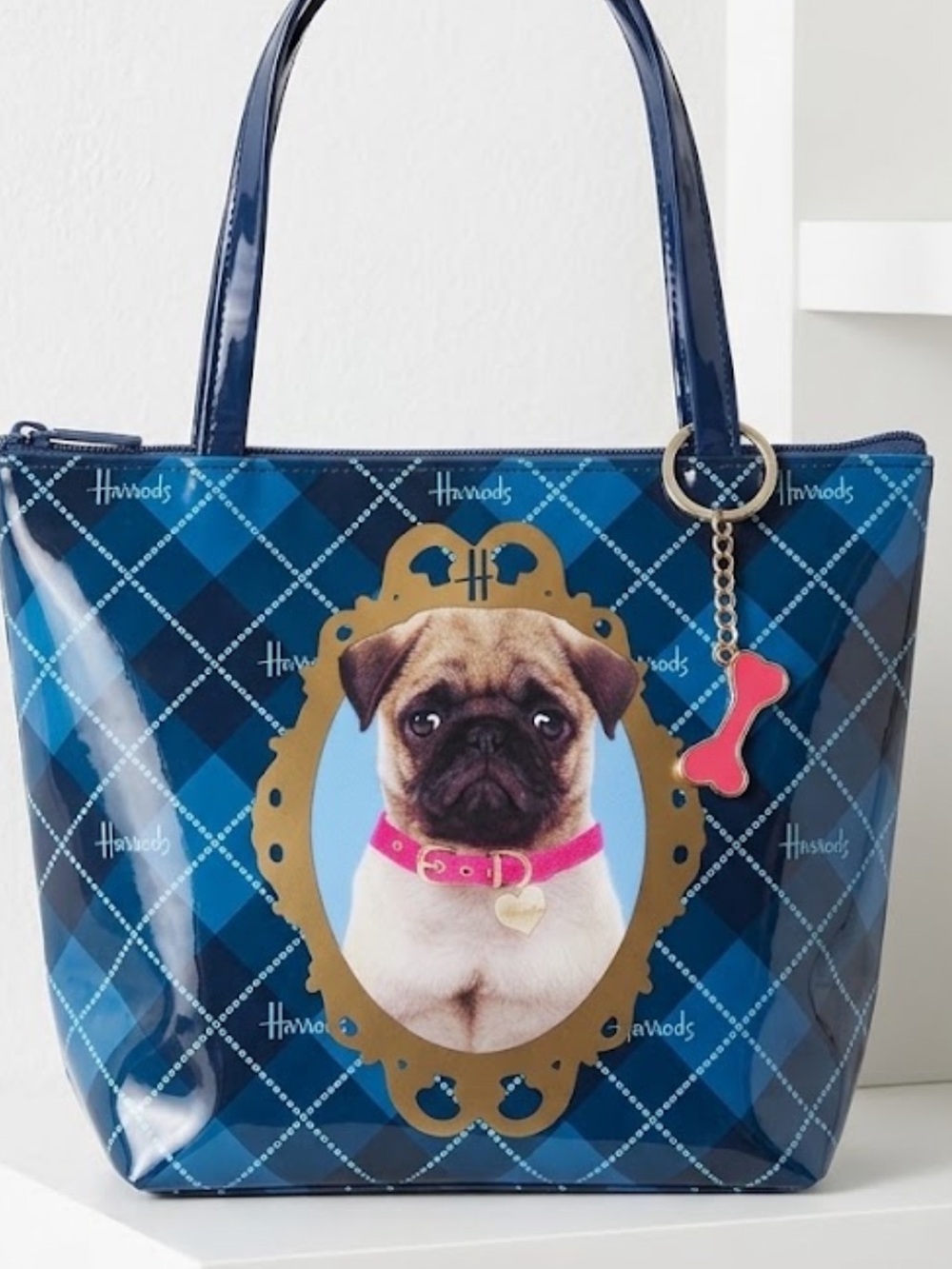 Harrods Navy Blue Mini Plaid Tote with Pug Portrait and Pink Bone Charm NWOT